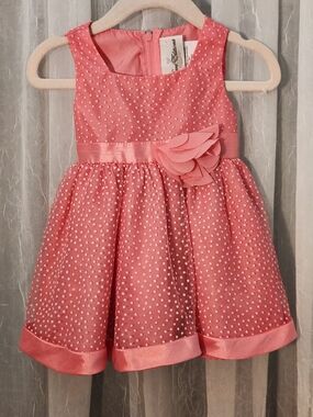 Rare Editions Coral White Polka Dot Flower Sash Dress, Size 6/9m, EPreLC,